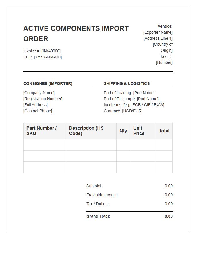 Active Components Import Order Invoice Template