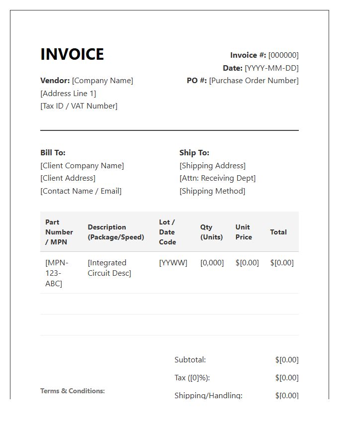 Bulk Integrated Circuits Purchase Invoice Template