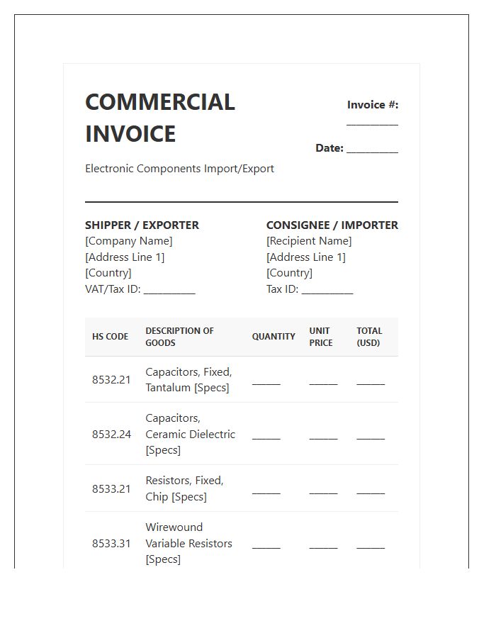 Capacitor And Resistor Import Invoice Template