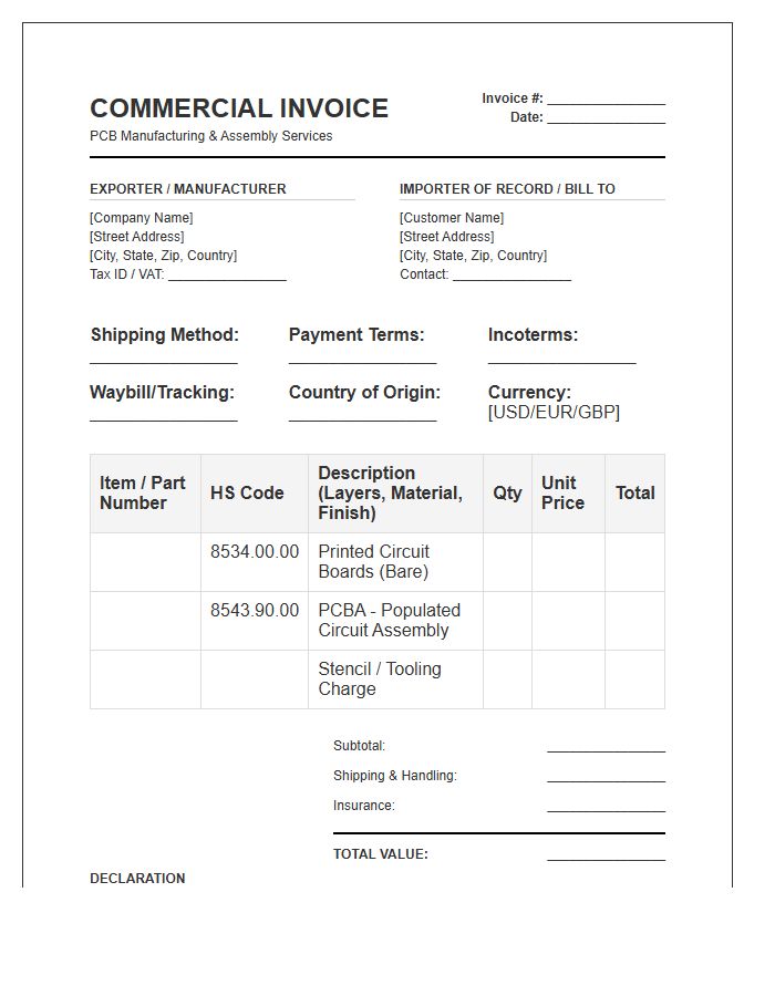 Circuit Board Manufacturing Import Invoice Template