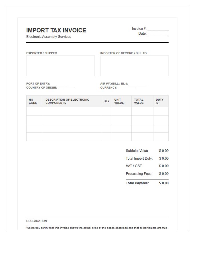 Electronic Assembly Import Tax Invoice Template