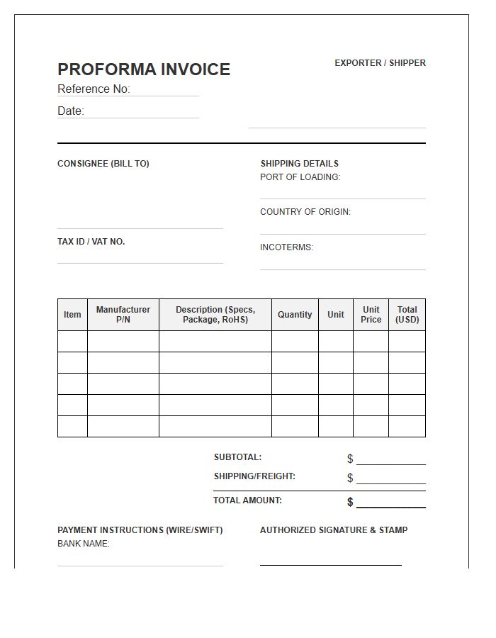 Electronic Component Proforma Import Invoice Template