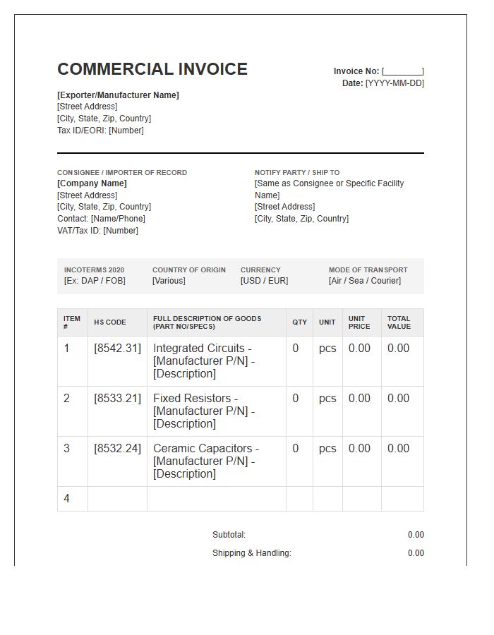 Electronic Components Import Invoice Template