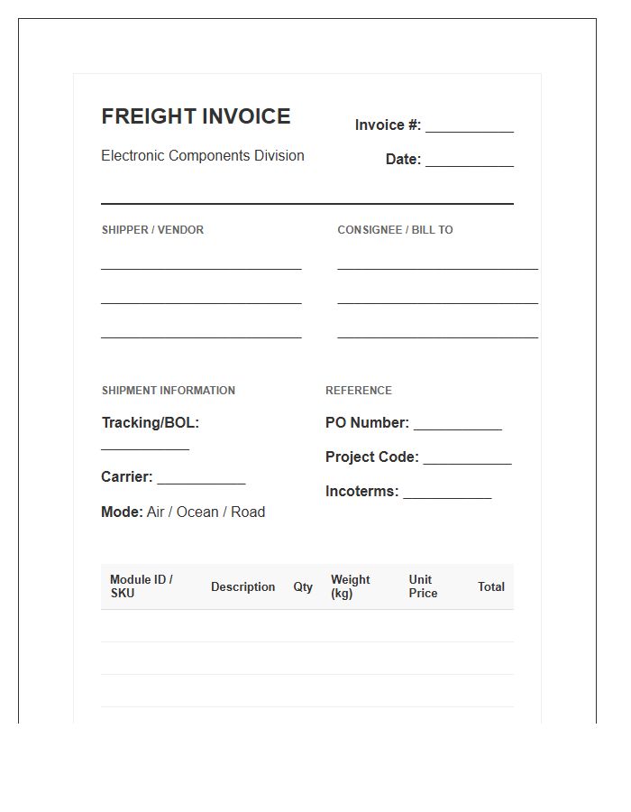 Electronic Module Freight Invoice Template