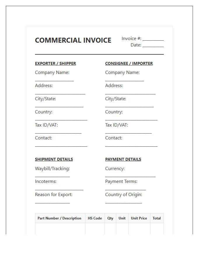 Electronic Parts Customs Clearance Invoice Template