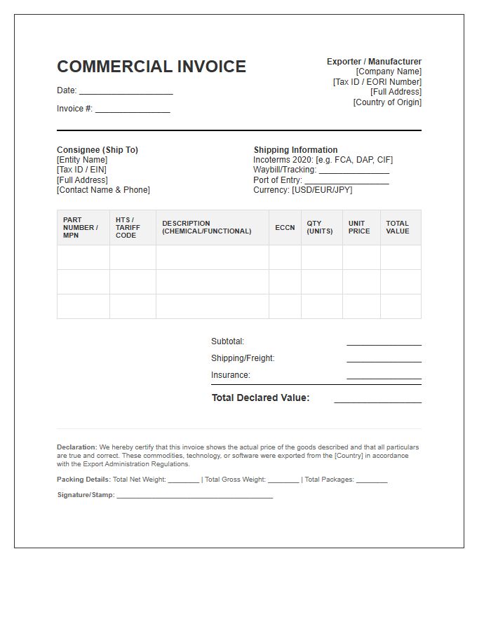 High Volume Microelectronics Import Invoice Template