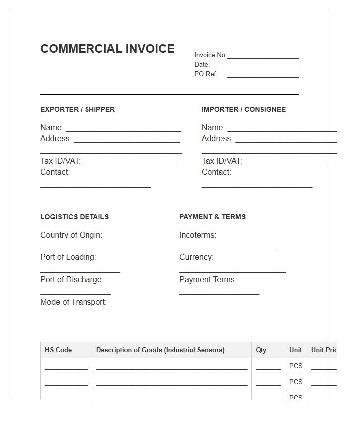 Industrial Sensor Import Documentation Invoice Template