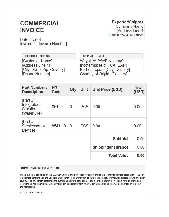 International Semiconductor Shipping Invoice Template