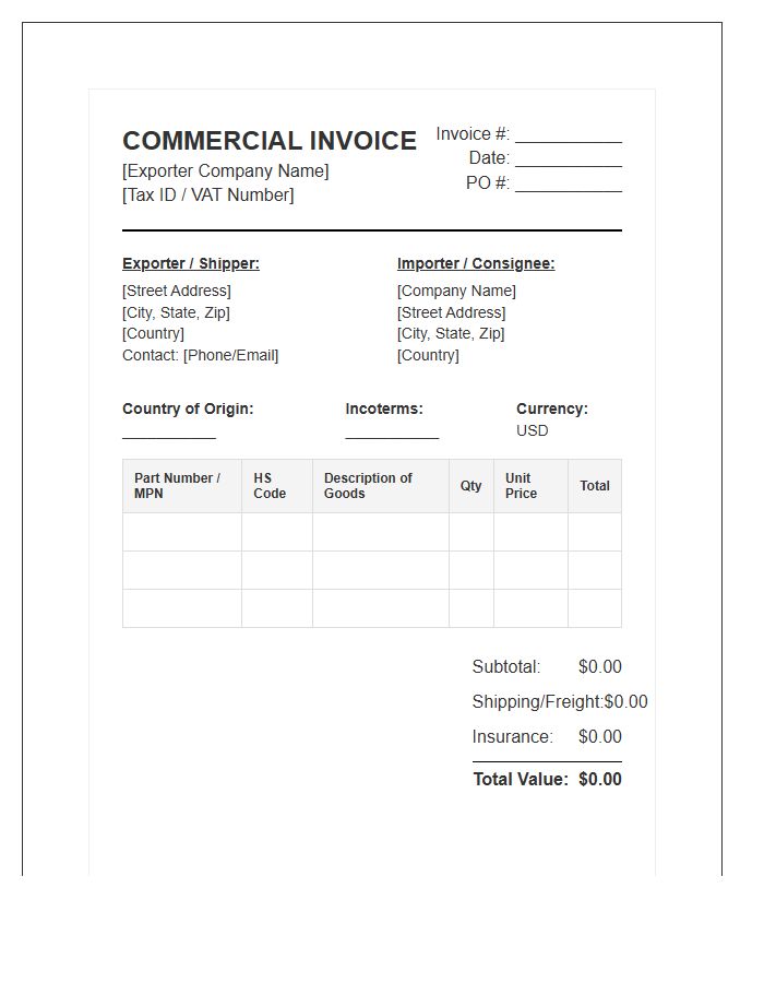 Microchip Wholesale Import Invoice Template