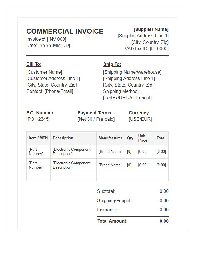 Overseas Electronic Parts Procurement Invoice Template