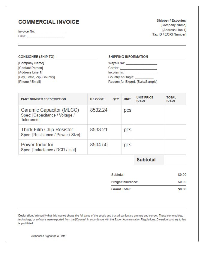 Passive Component Commercial Import Invoice Template