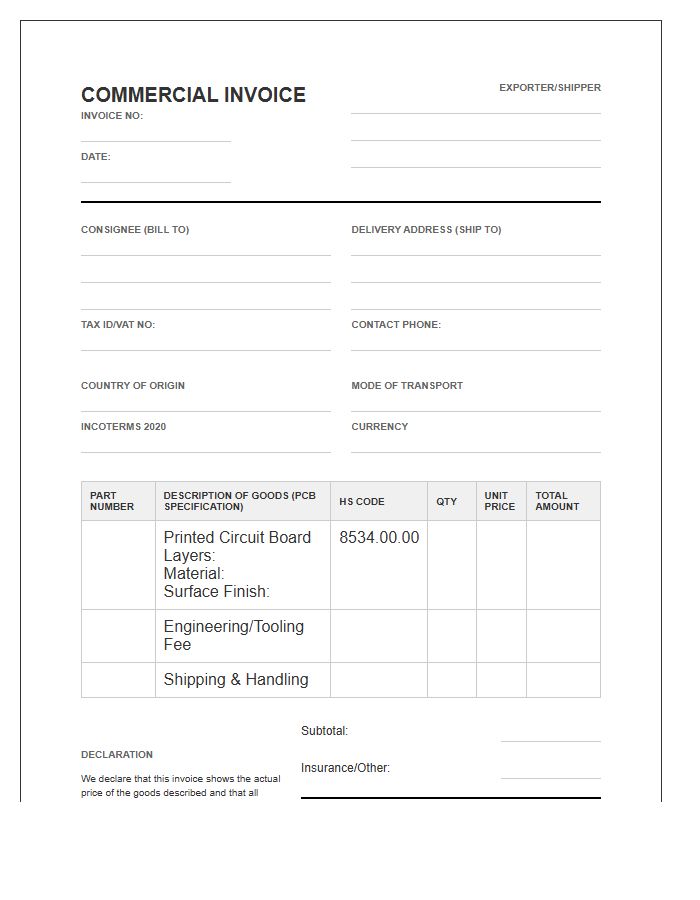 Printed Circuit Board Import Invoice Template