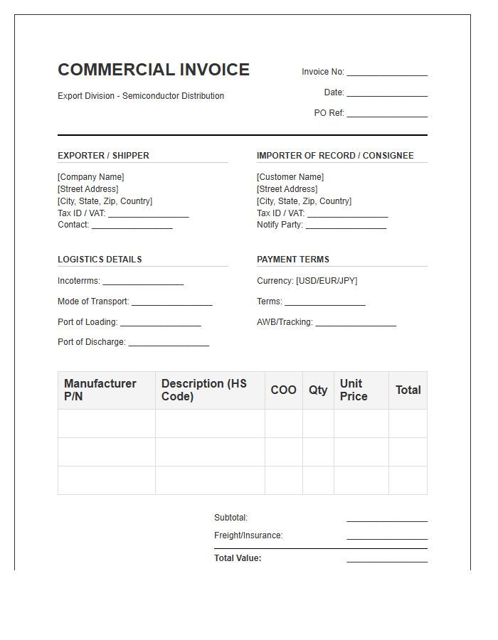 Semiconductor Distributor Import Invoice Template