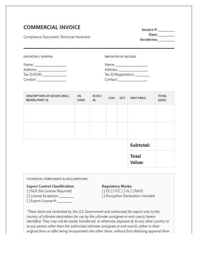 Technical Hardware Import Compliance Invoice Template