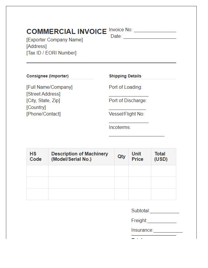 Agricultural Machinery Overseas Import Invoice Template