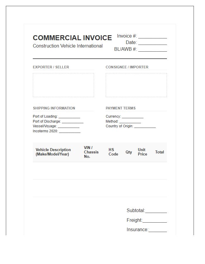 Construction Vehicle International Import Invoice Template