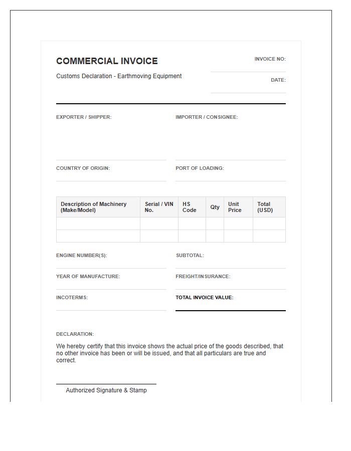 Earthmoving Machinery Import Customs Invoice Template