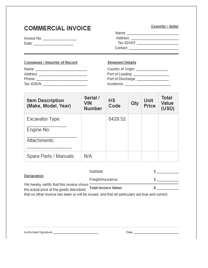 Excavator Import Commercial Invoice Template
