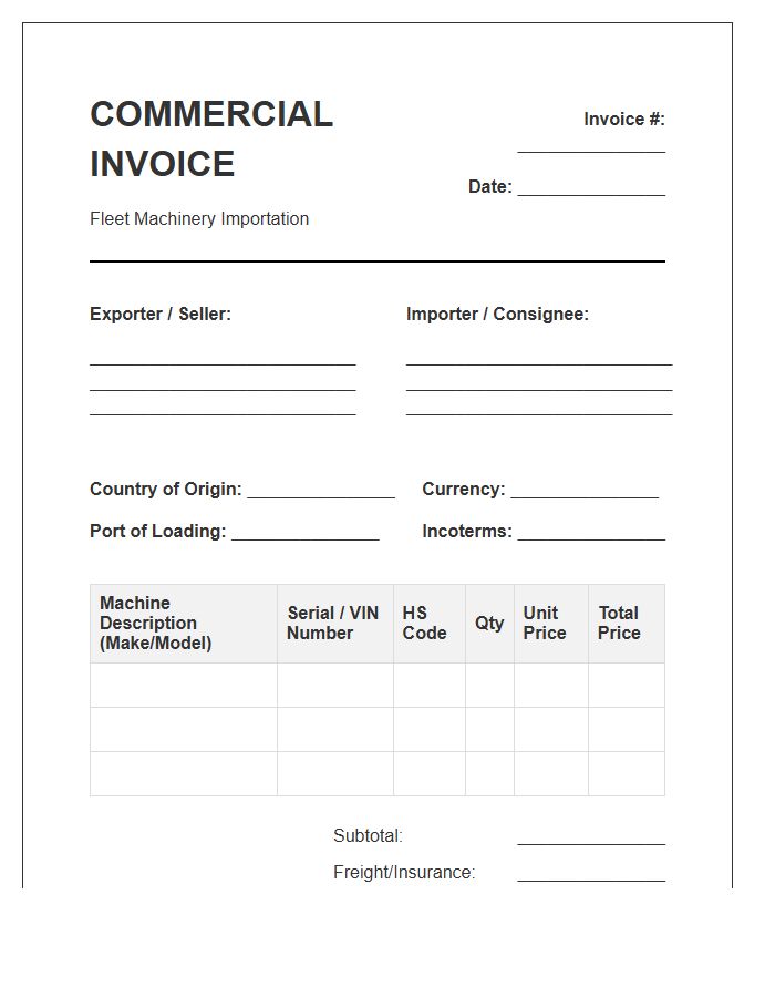 Fleet Machinery Import Document Invoice Template