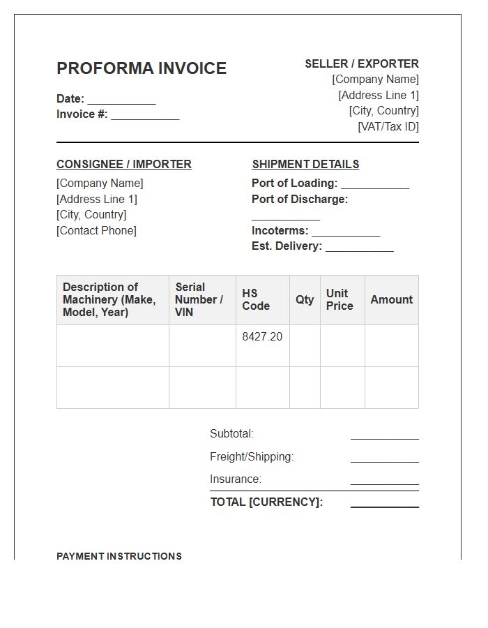 Forklift Import Proforma Invoice Template