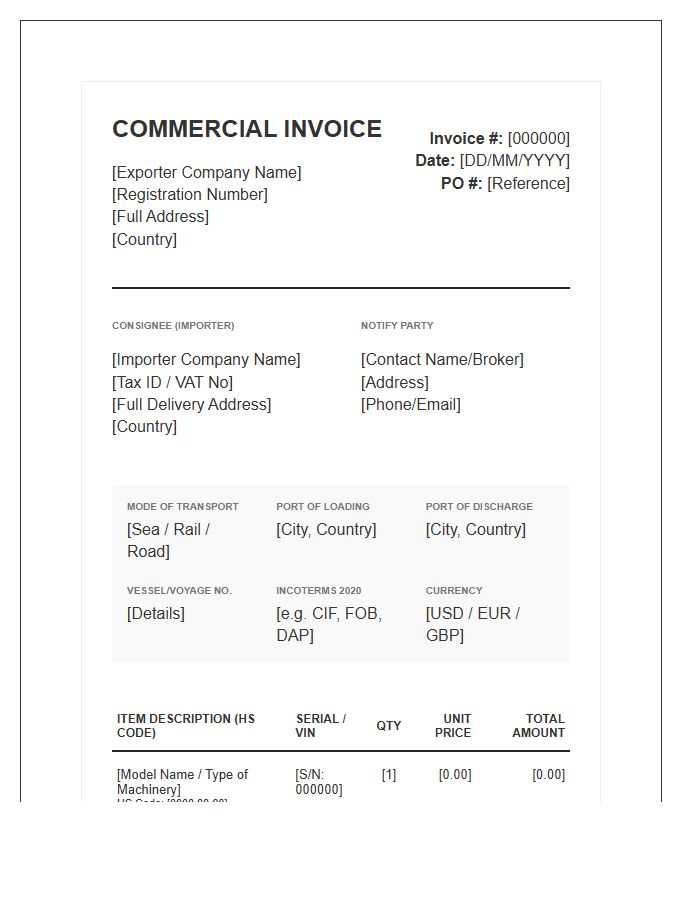 Global Heavy Machinery Import Invoice Template