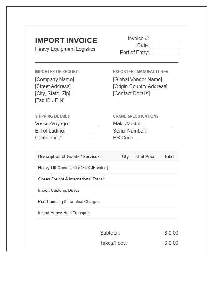 Heavy Crane Import Billing Invoice Template
