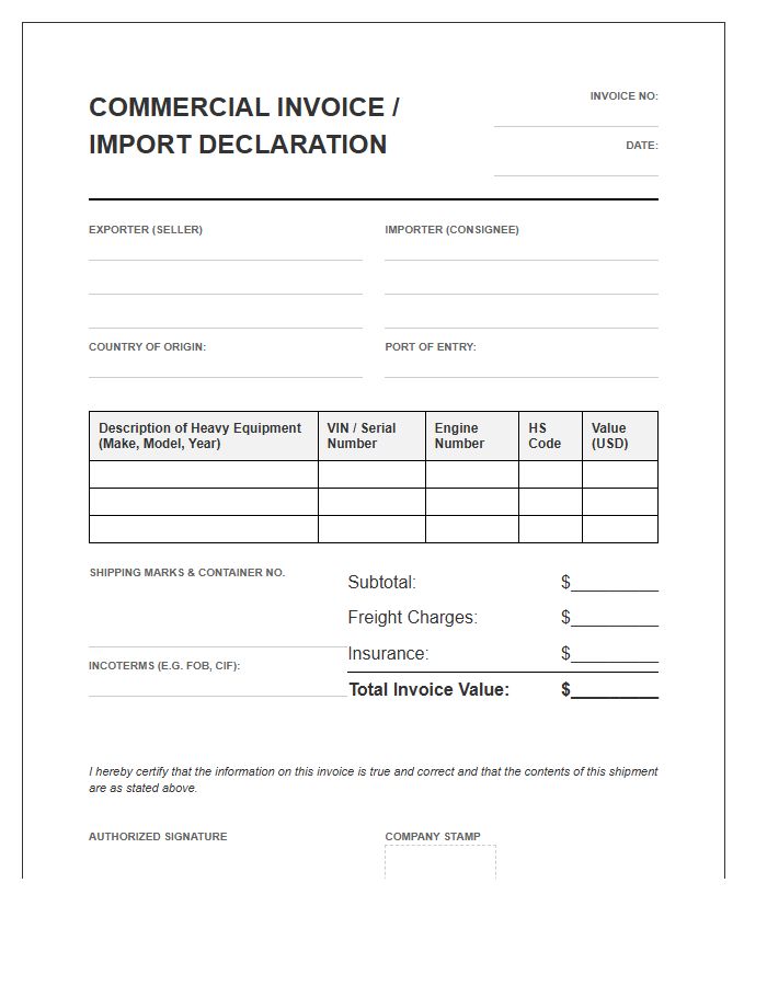 Heavy Duty Tractor Import Invoice Template