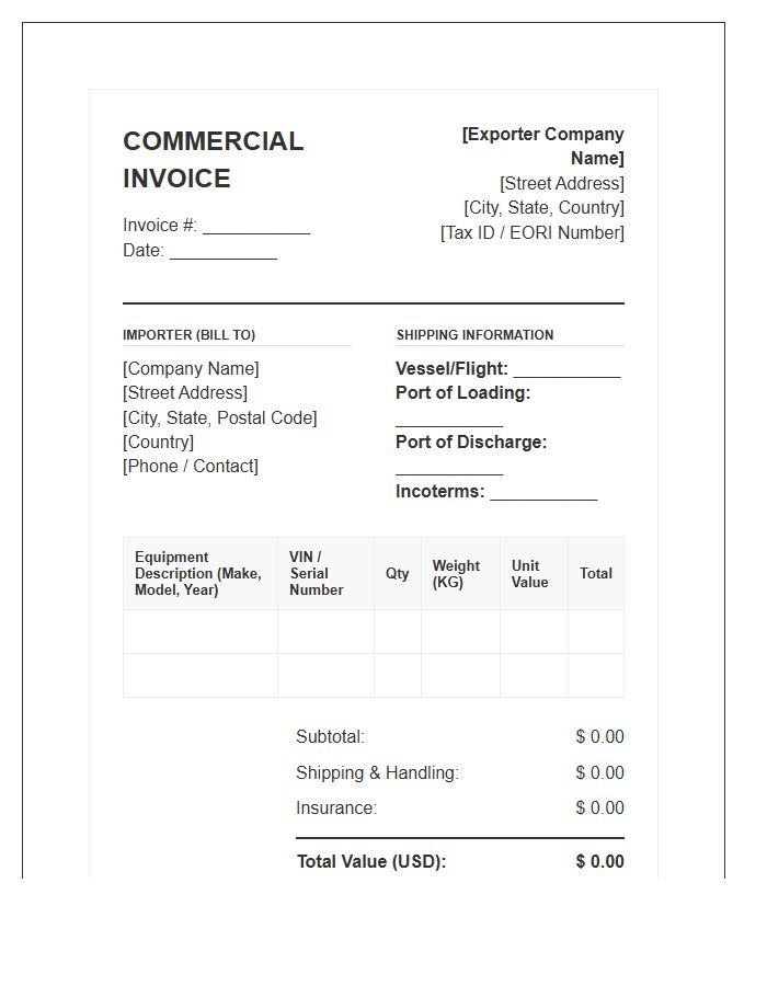 Heavy Equipment Import Shipping Invoice Template