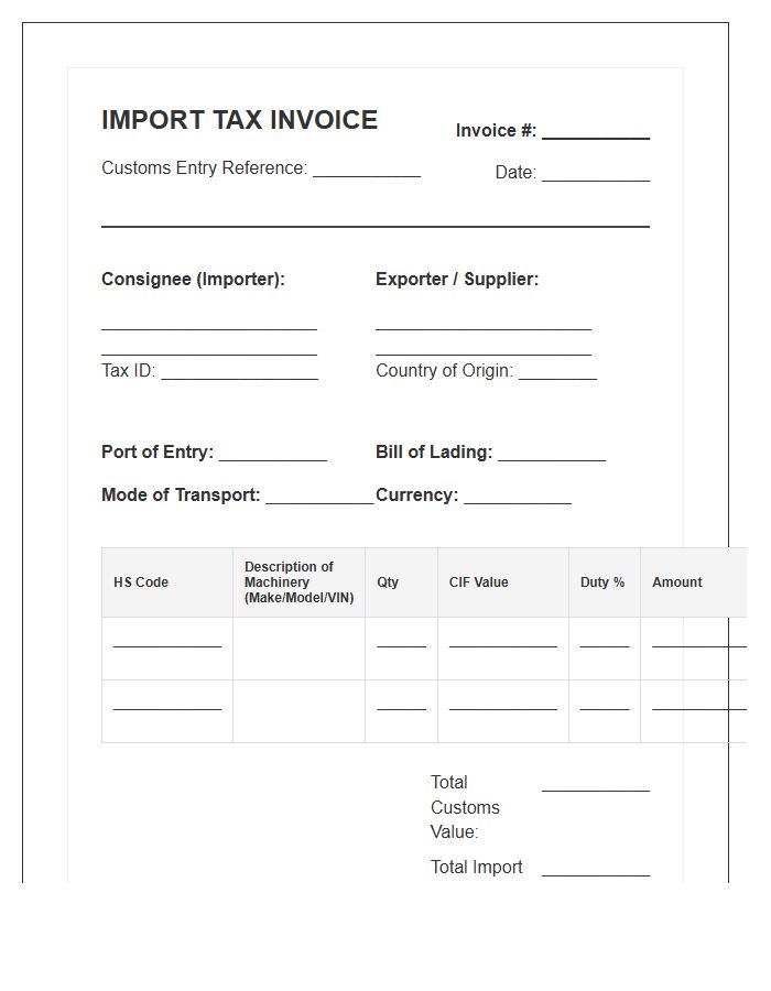 Heavy Machinery Import Tax Invoice Template