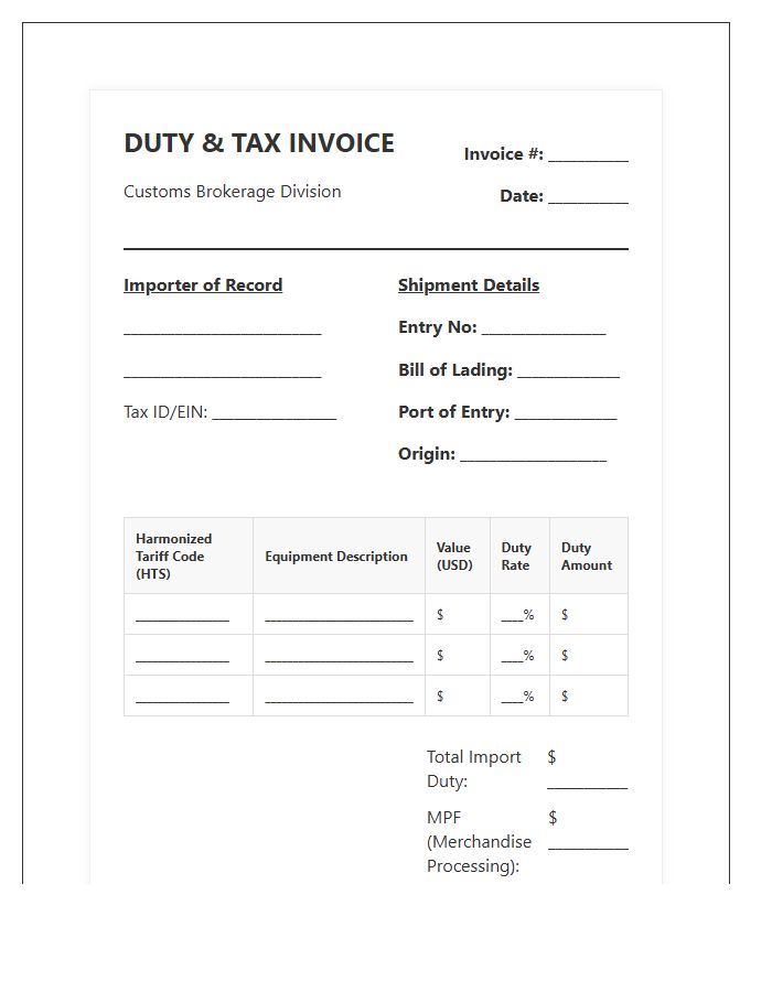 Industrial Equipment Import Duty Invoice Template