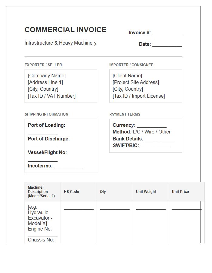 Infrastructure Machinery Import Invoice Template