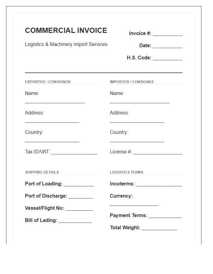 Logistics Heavy Machinery Import Invoice Template