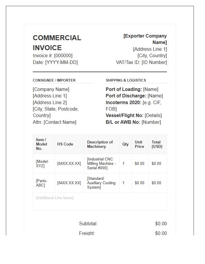 Manufacturing Machinery Import Invoice Template