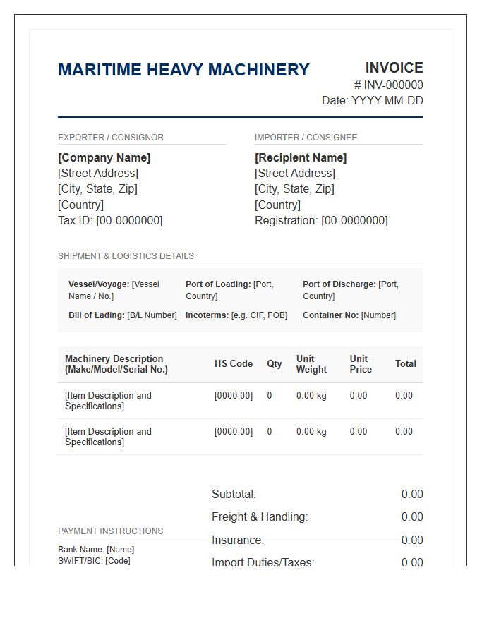 Maritime Heavy Machinery Import Invoice Template