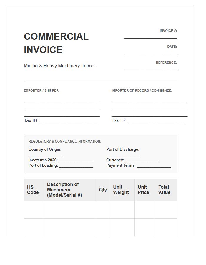 Mining Machinery Import Compliance Invoice Template