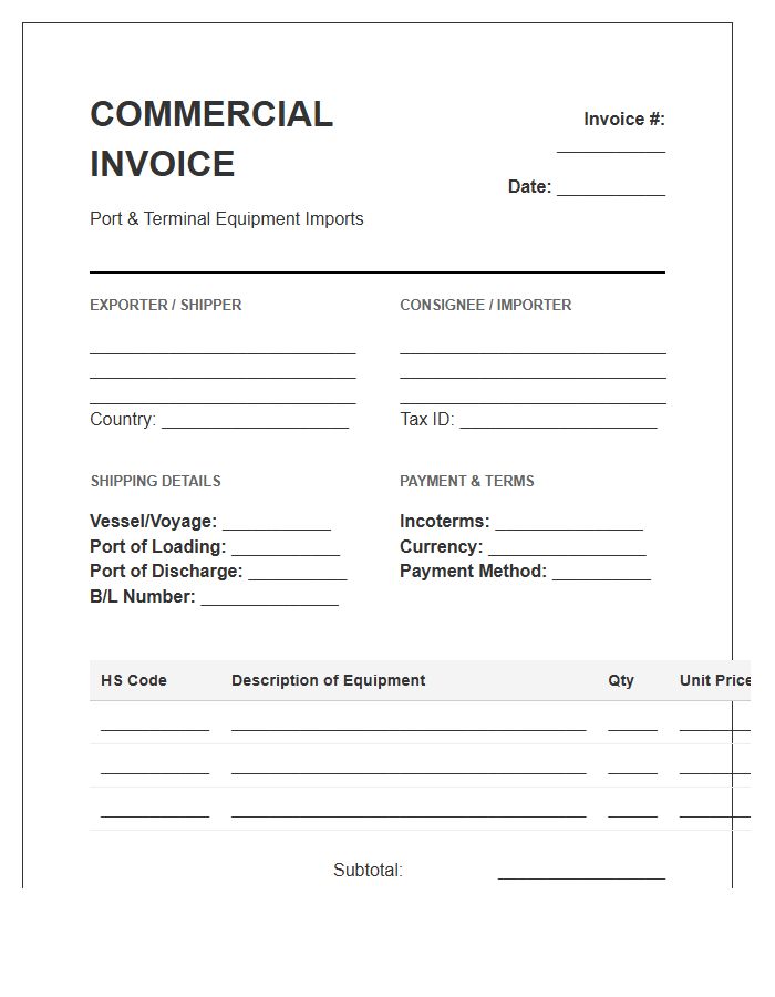 Port Equipment Import Invoice Template