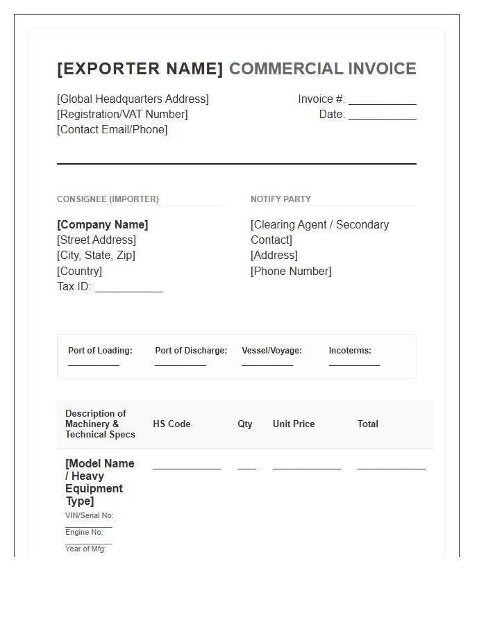 Specialist Heavy Machinery Import Invoice Template