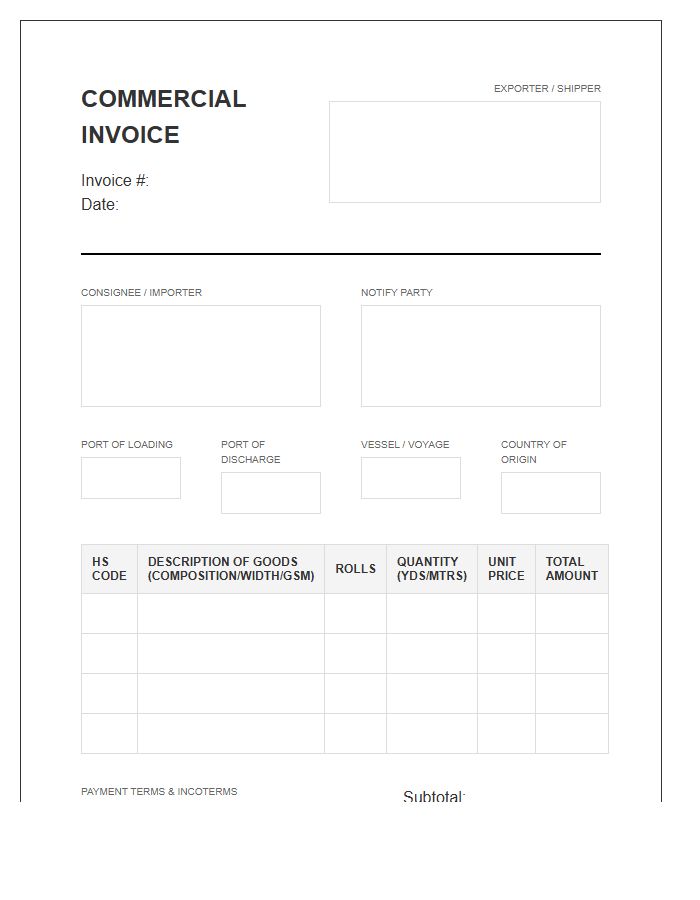 Bulk Fabric Import Invoice Template