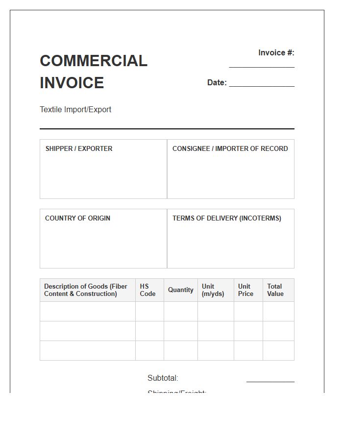 Commercial Textile Import Invoice Template