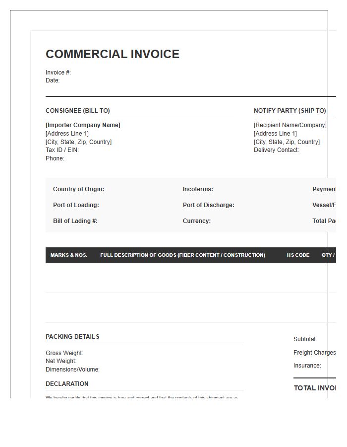 Detailed Textile Import Invoice Template