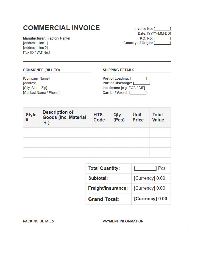 Garment Manufacturer Import Invoice Template
