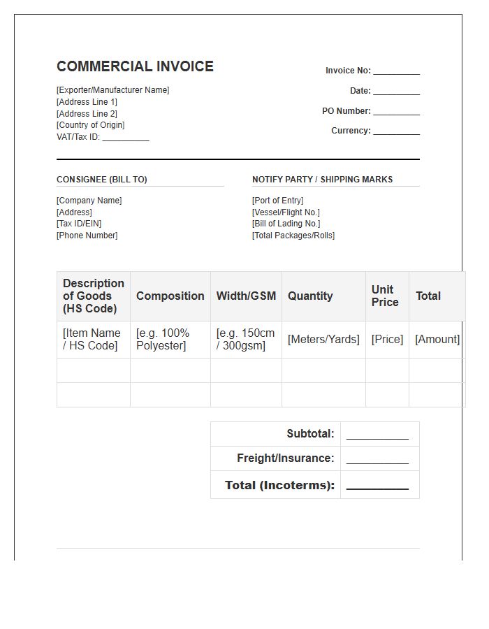 Industrial Fabric Import Invoice Template
