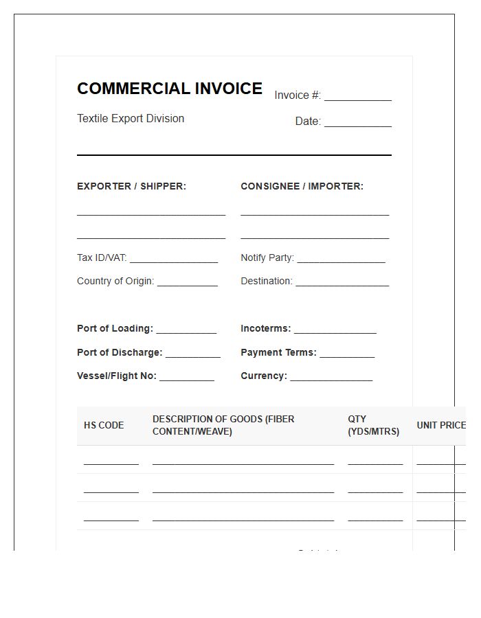 International Textile Shipment Invoice Template
