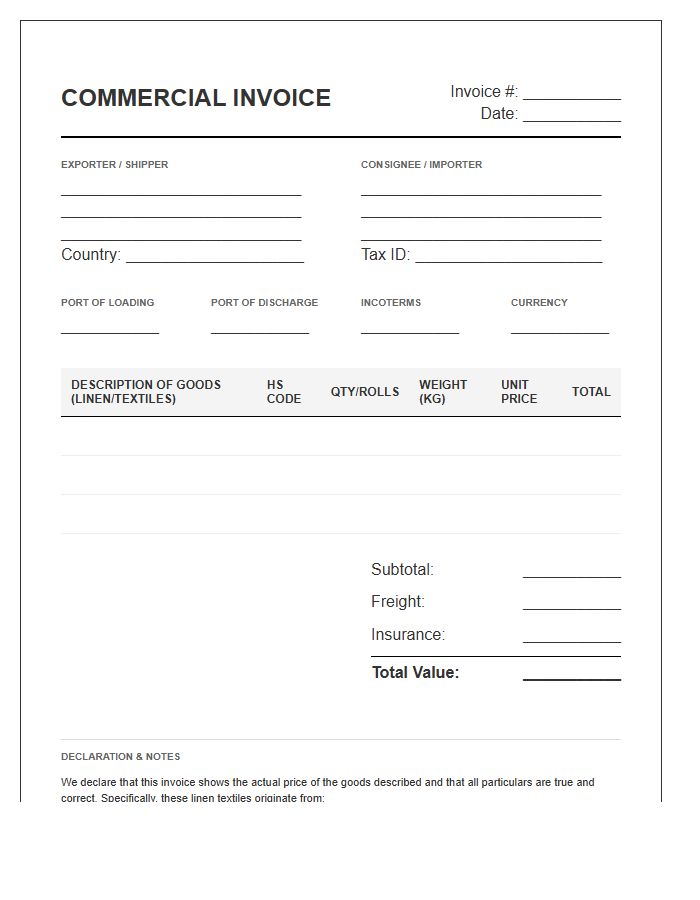 Linen Textile Import Invoice Template