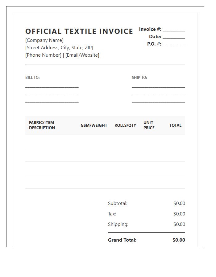 Official Textile Supply Invoice Template