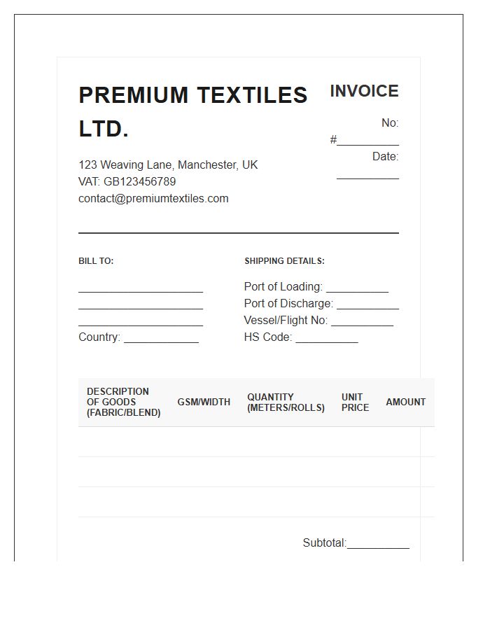Premium Textile Import Invoice Template