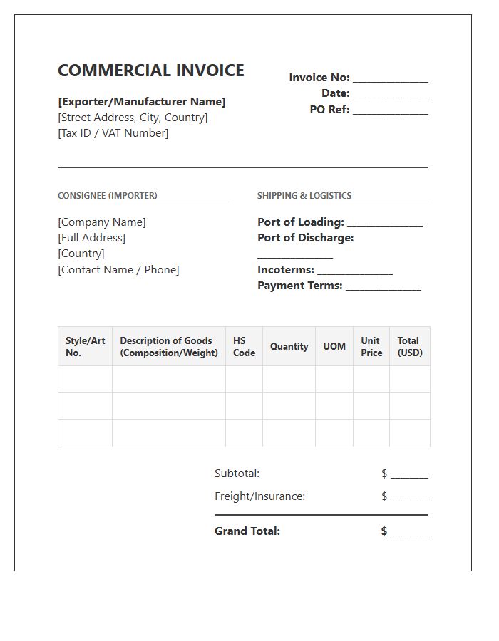 Professional Textile Import Invoice Template