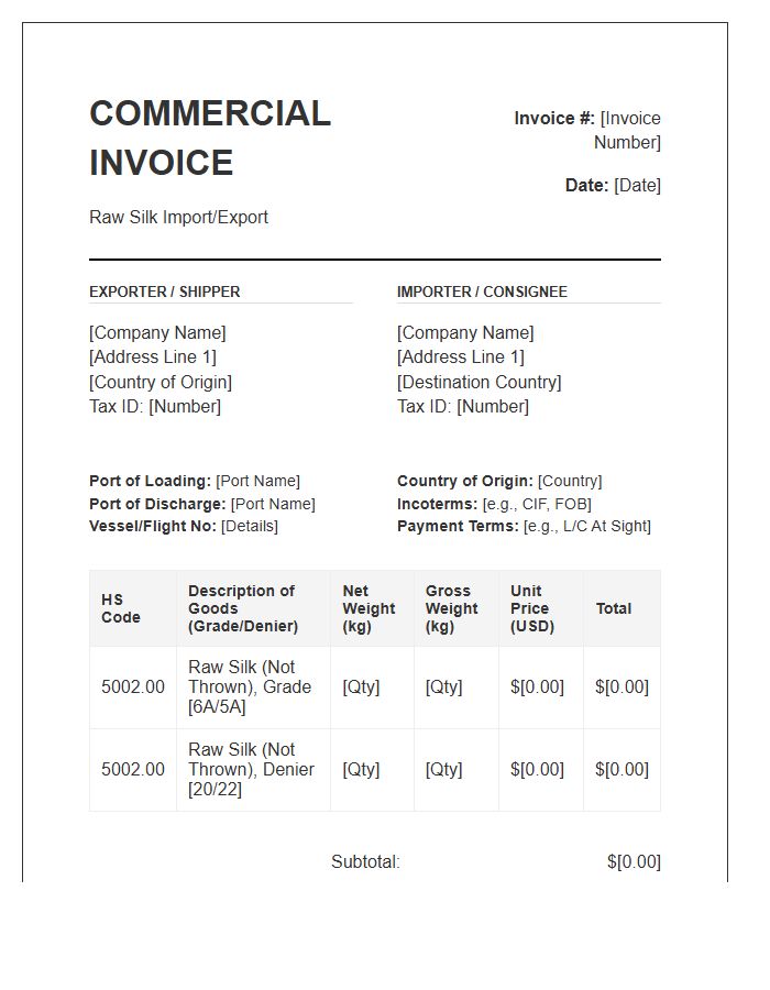 Raw Silk Import Invoice Template