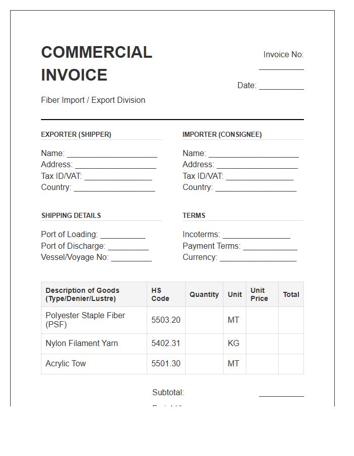Synthetic Fiber Import Invoice Template