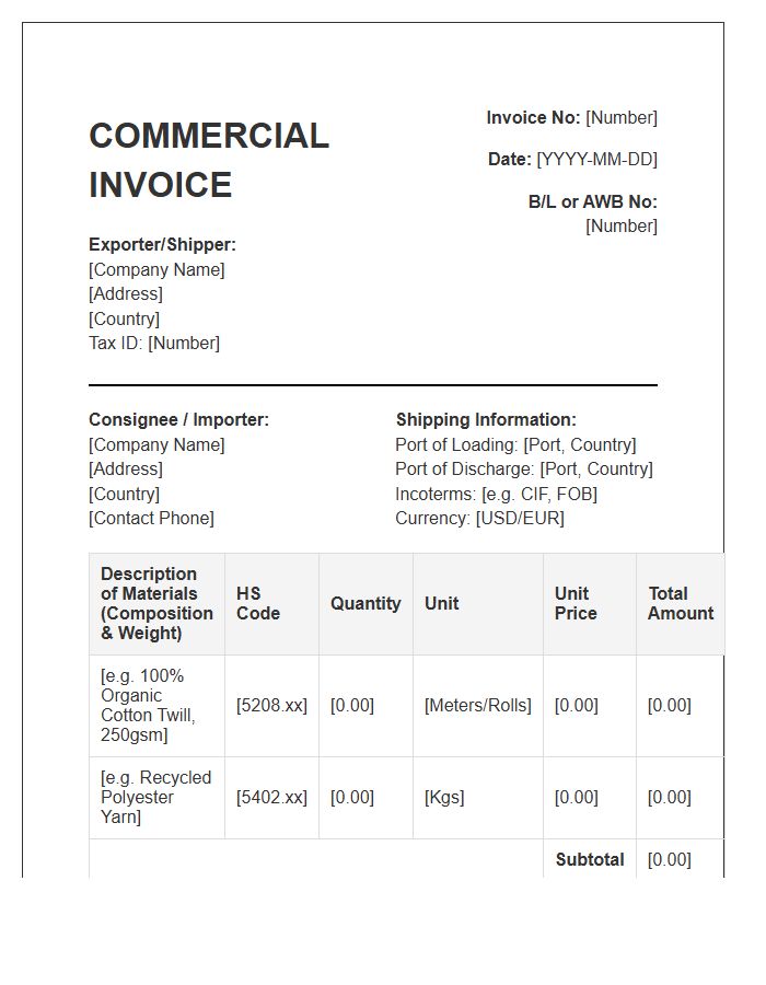Textile Material Import Invoice Template